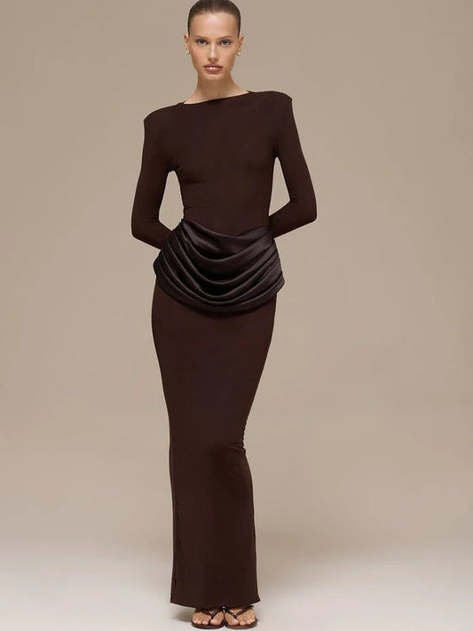 Elegant Chocolate Brown Maxi Dress – Sculpted Waist Detail - LunaKit.LTD