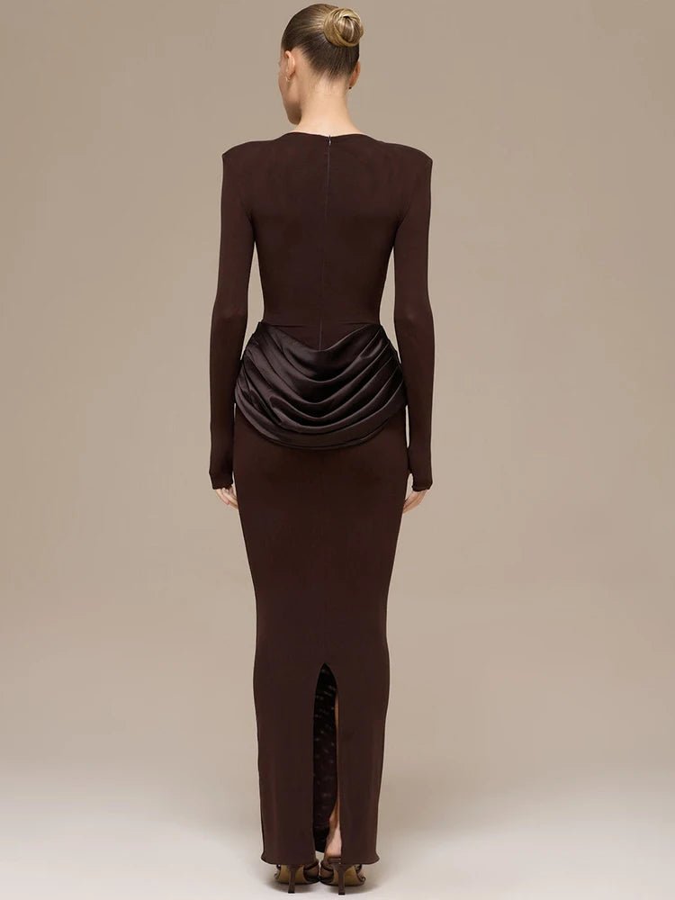 Elegant Chocolate Brown Maxi Dress – Sculpted Waist Detail - LunaKit.LTD