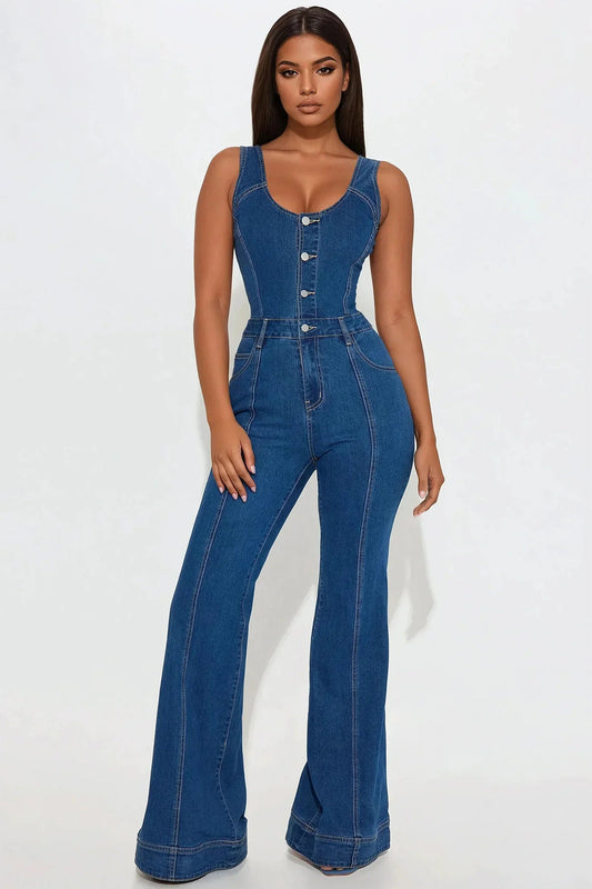 Elegant Denim Jumpsuit – Flared Summer Silhouette - LunaKit.LTD