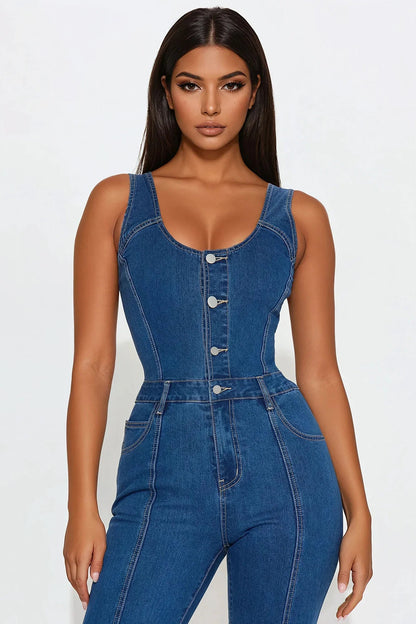 Elegant Denim Jumpsuit – Flared Summer Silhouette - LunaKit.LTD