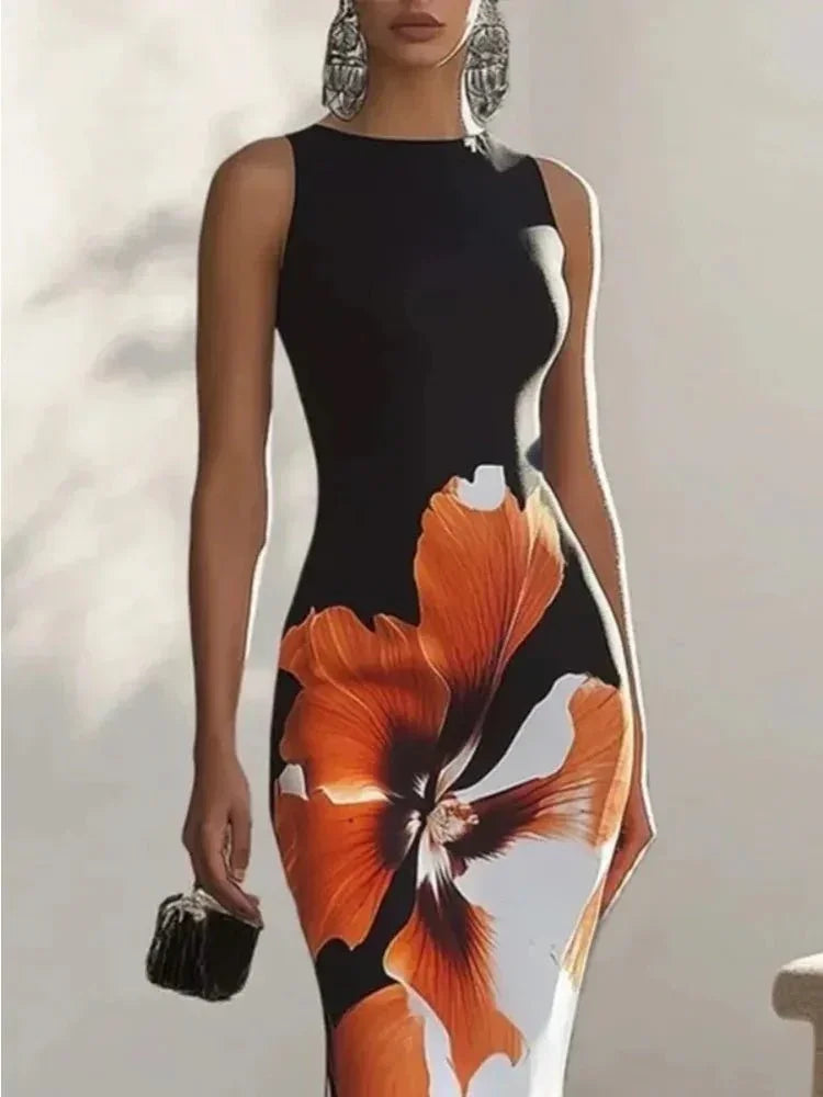 Elegant Floral Bodycon Dress – Black & White Evening Chic - LunaKit.LTD