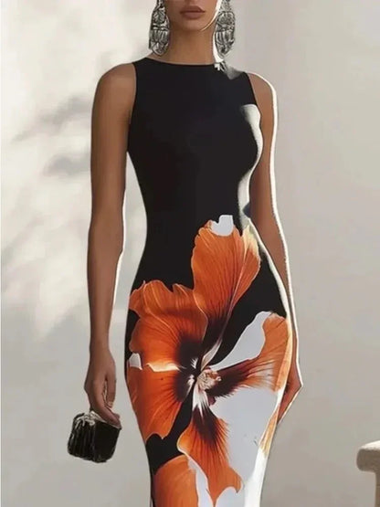 Elegant Floral Bodycon Dress – Black & White Evening Chic - LunaKit.LTD
