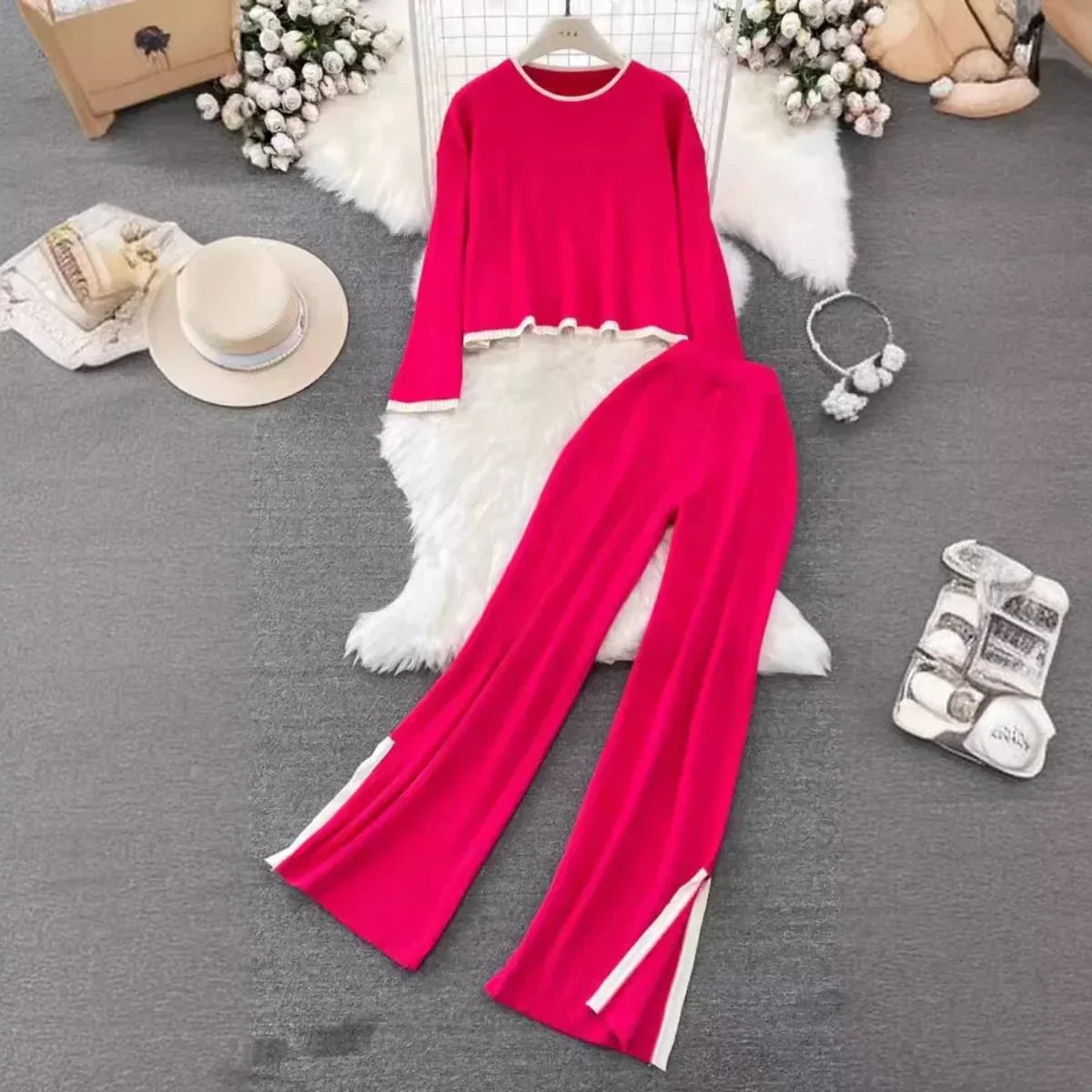 Elegant Knit Set – Colorblock Sweater & Pants with Silk Touch - LunaKit.LTD