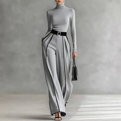 Elegant Knit Set – Slim Top & Wide - Leg Pants Contrast Chic - LunaKit.LTD