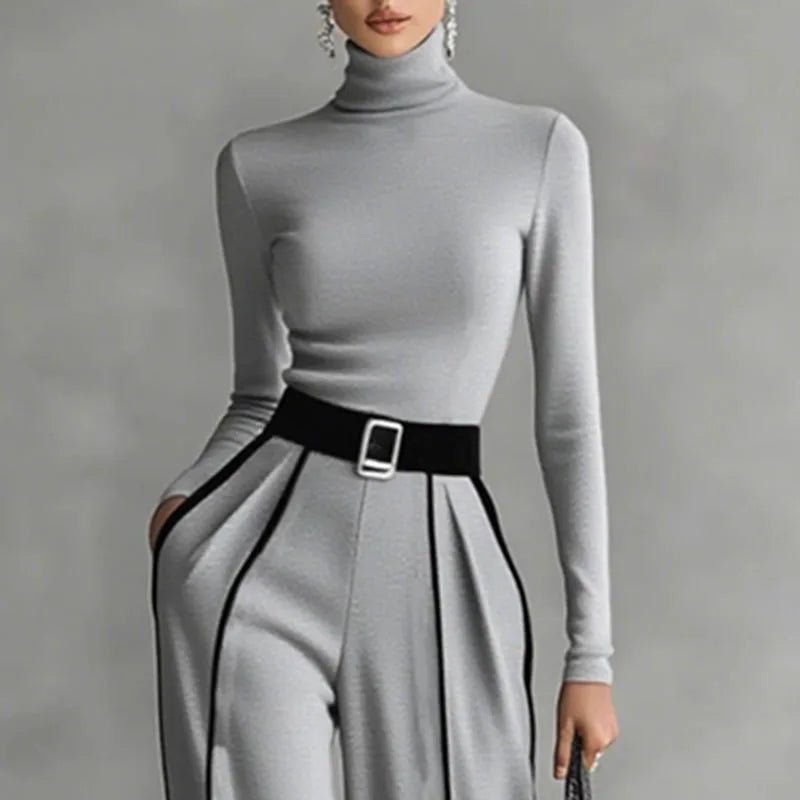 Elegant Knit Set – Slim Top & Wide - Leg Pants Contrast Chic - LunaKit.LTD