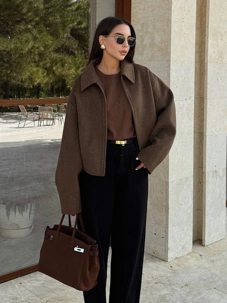 Elegant Short Wool Coat – Vintage Brown Street Chic - LunaKit.LTD