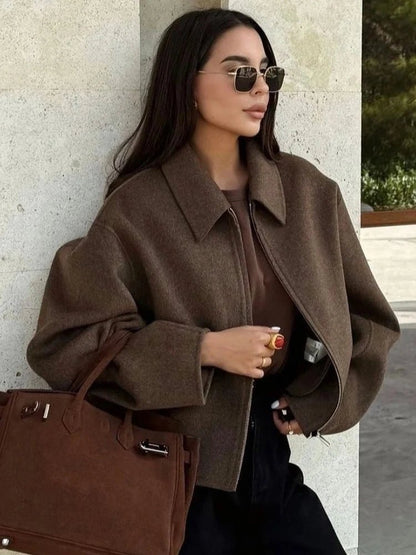 Elegant Short Wool Coat – Vintage Brown Street Chic - LunaKit.LTD