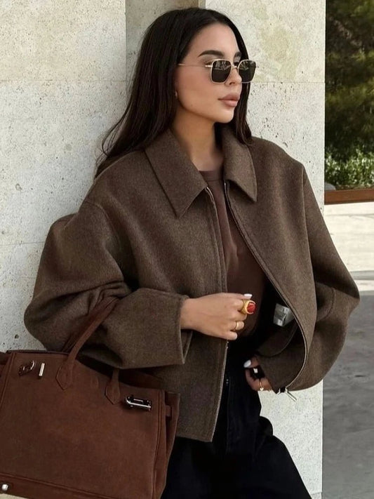 Elegant Short Wool Coat – Vintage Brown Street Chic - LunaKit.LTD