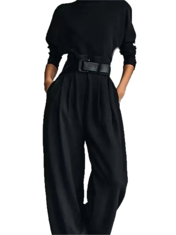 Elegant Stand - Collar Two - Piece Set – Belted Top & Wide - Leg Pants - LunaKit.LTD