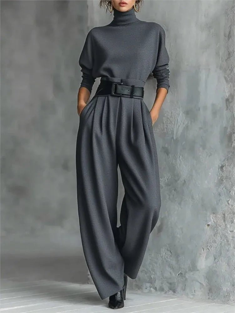 Elegant Stand - Collar Two - Piece Set – Belted Top & Wide - Leg Pants - LunaKit.LTD