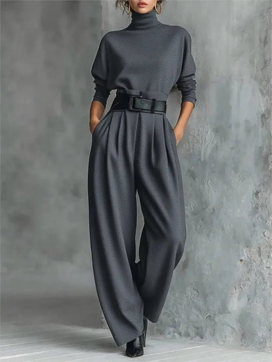 Elegant Stand - Collar Two - Piece Set – Belted Top & Wide - Leg Pants - LunaKit.LTD