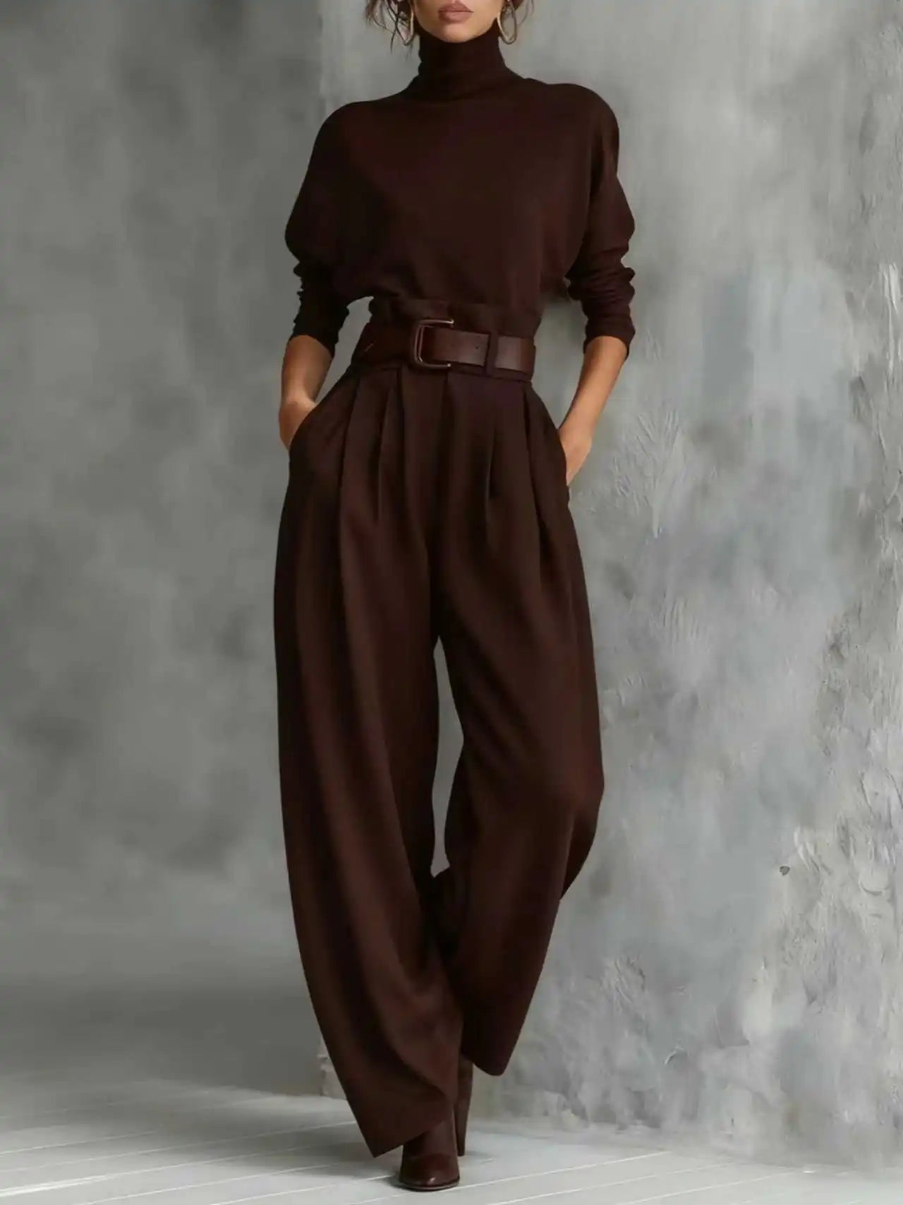 Elegant Stand - Collar Two - Piece Set – Belted Top & Wide - Leg Pants - LunaKit.LTD