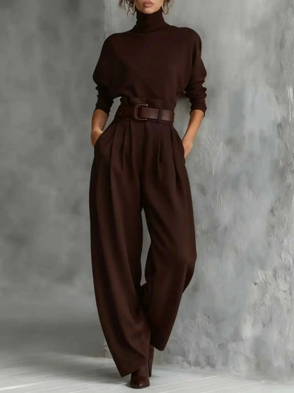 Elegant Stand - Collar Two - Piece Set – Belted Top & Wide - Leg Pants - LunaKit.LTD