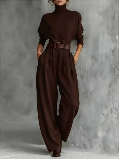 Elegant Stand - Collar Two - Piece Set – Belted Top & Wide - Leg Pants - LunaKit.LTD