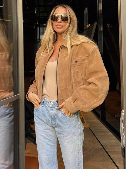 Elegant Suede Jacket – Lantern Sleeve Commute Chic - LunaKit.LTD