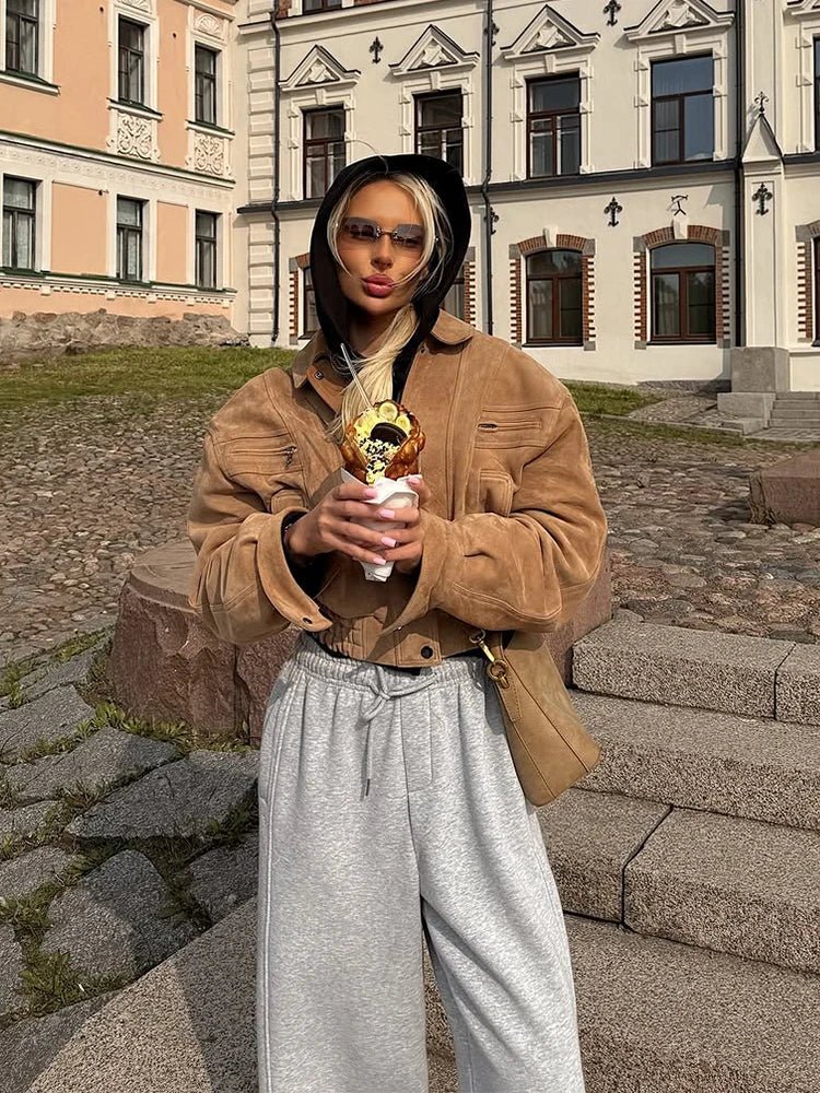 Elegant Suede Jacket – Lantern Sleeve Commute Chic - LunaKit.LTD