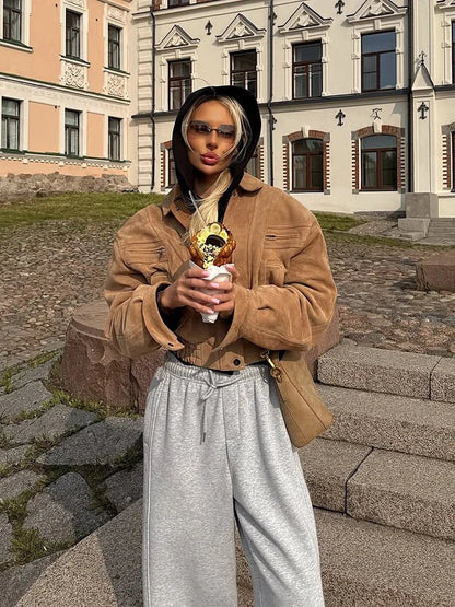 Elegant Suede Jacket – Lantern Sleeve Commute Chic - LunaKit.LTD