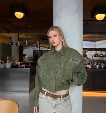 Elegant Suede Jacket – Lantern Sleeve Commute Chic - LunaKit.LTD