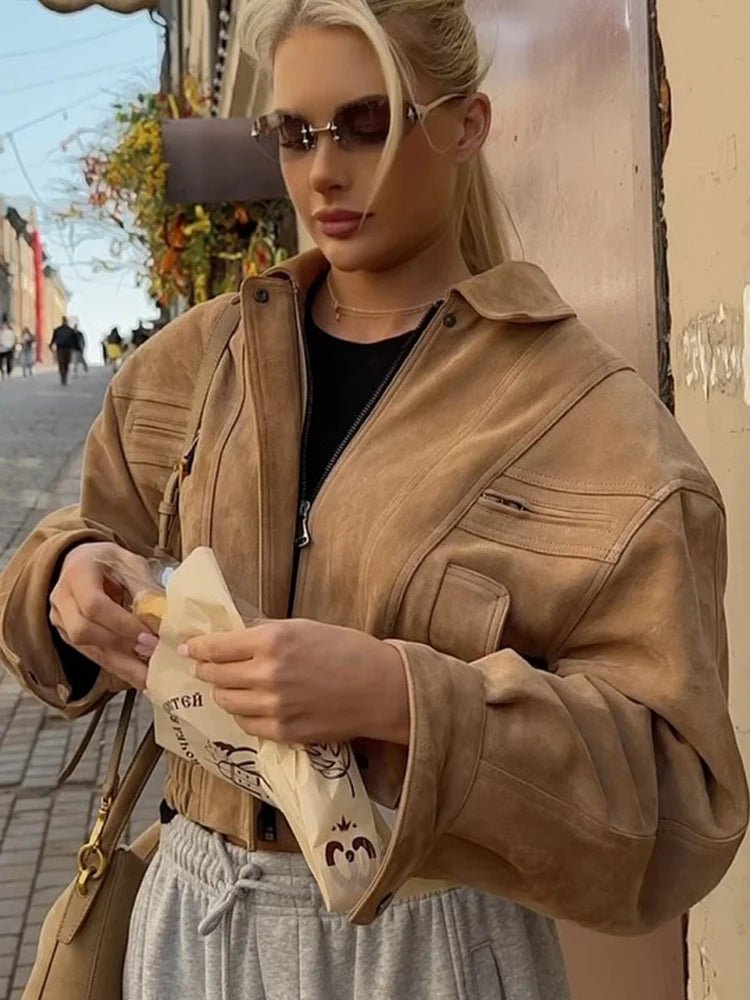 Elegant Suede Jacket – Lantern Sleeve Commute Chic - LunaKit.LTD