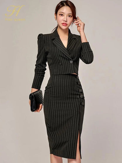 Korean Office Set – Chic Striped Blazer & Skirt - LunaKit.LTD