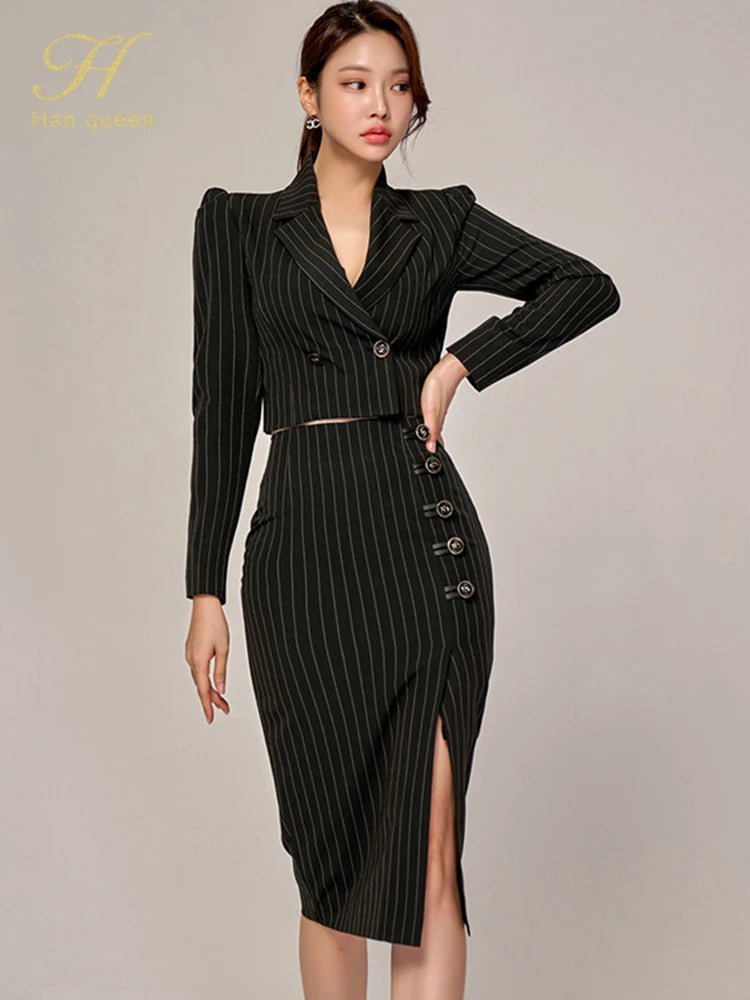 Korean Office Set – Chic Striped Blazer & Skirt - LunaKit.LTD
