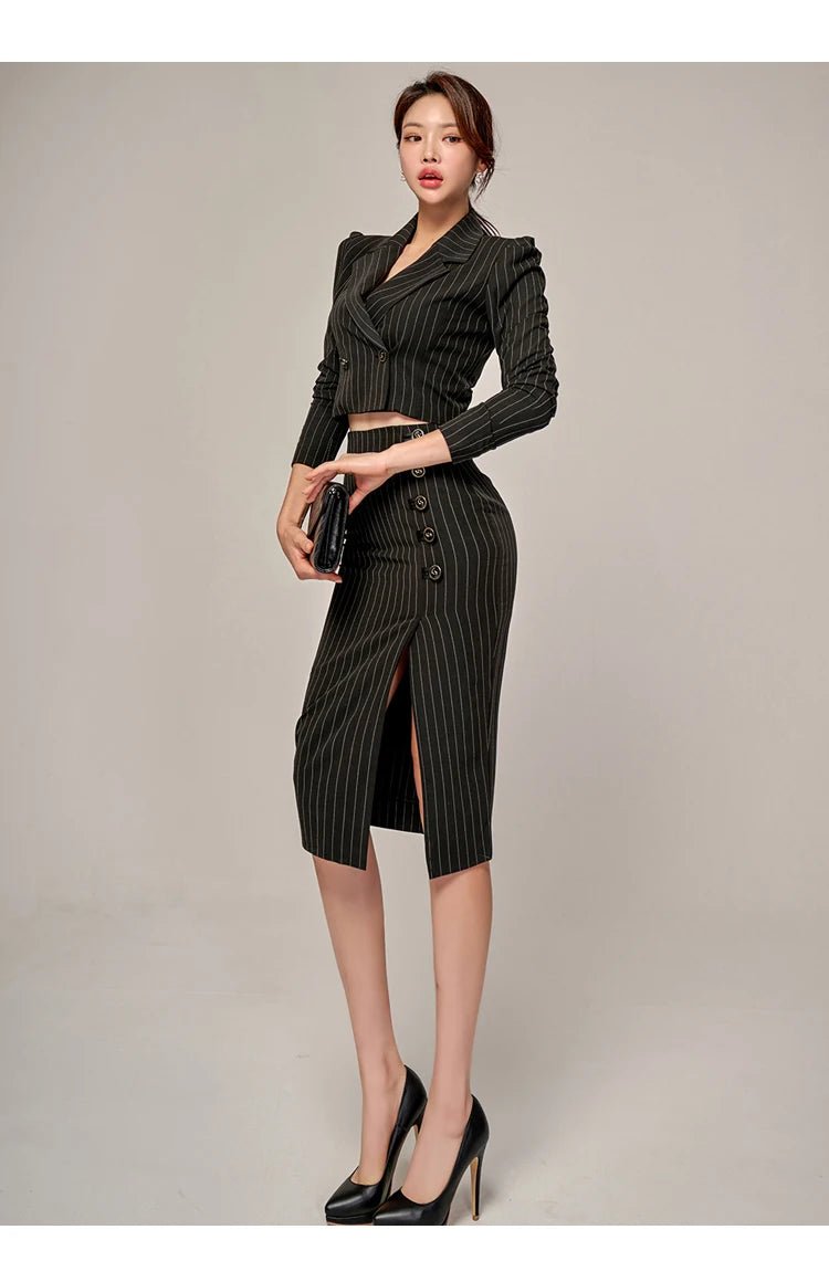 Korean Office Set – Chic Striped Blazer & Skirt - LunaKit.LTD