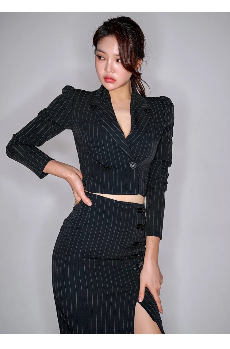 Korean Office Set – Chic Striped Blazer & Skirt - LunaKit.LTD