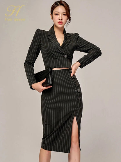 Korean Office Set – Chic Striped Blazer & Skirt - LunaKit.LTD