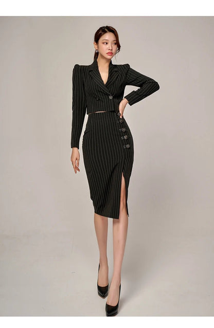 Korean Office Set – Chic Striped Blazer & Skirt - LunaKit.LTD