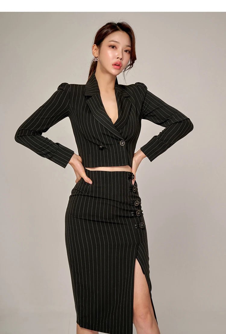 Korean Office Set – Chic Striped Blazer & Skirt - LunaKit.LTD