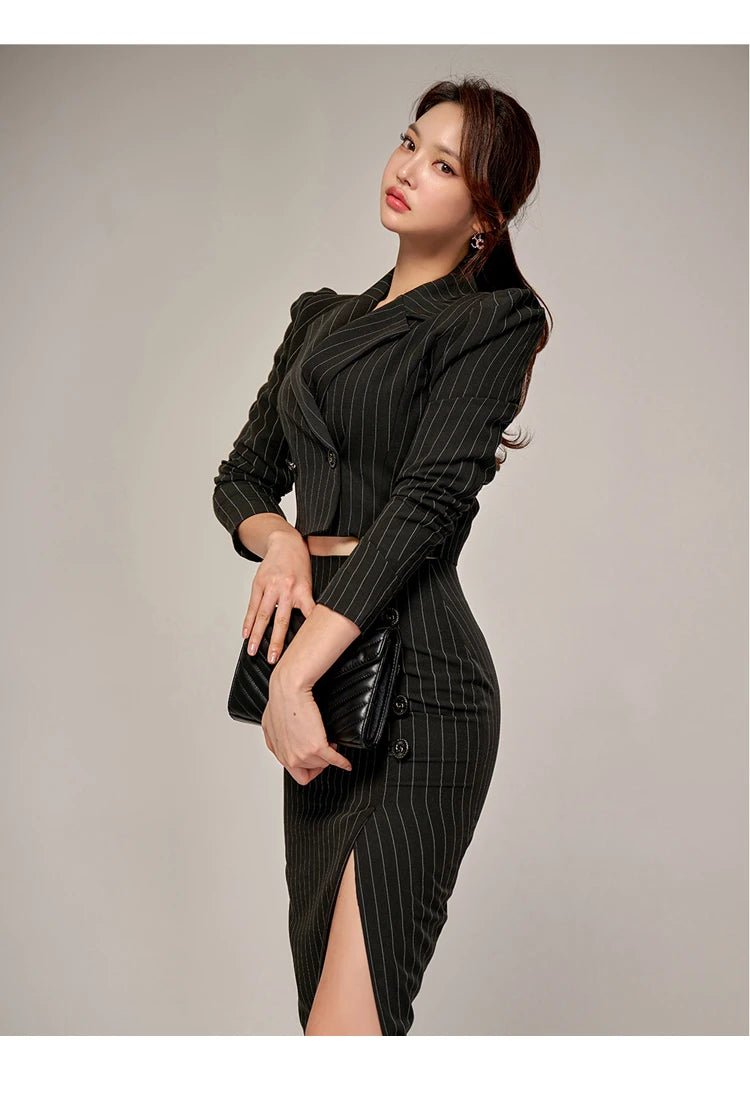 Korean Office Set – Chic Striped Blazer & Skirt - LunaKit.LTD