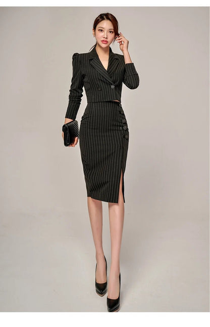 Korean Office Set – Chic Striped Blazer & Skirt - LunaKit.LTD