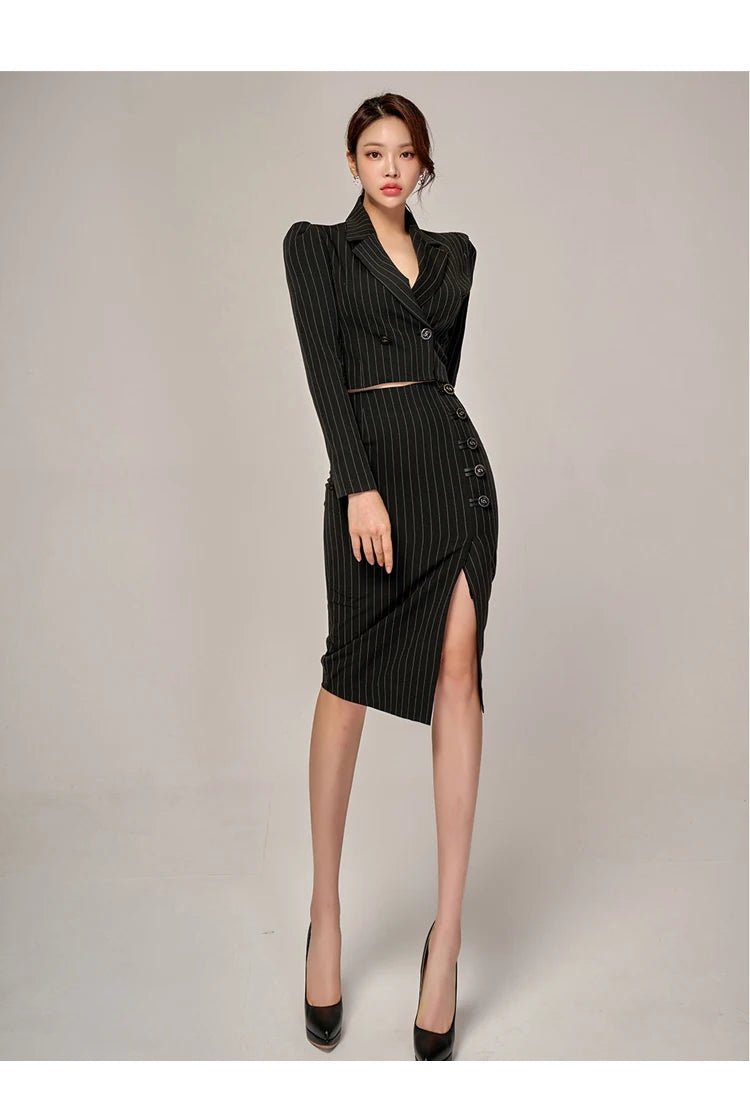 Korean Office Set – Chic Striped Blazer & Skirt - LunaKit.LTD