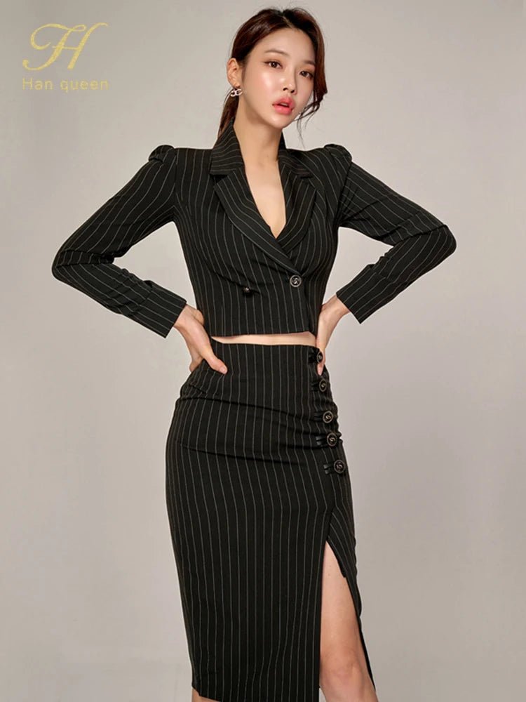Korean Office Set – Chic Striped Blazer & Skirt - LunaKit.LTD