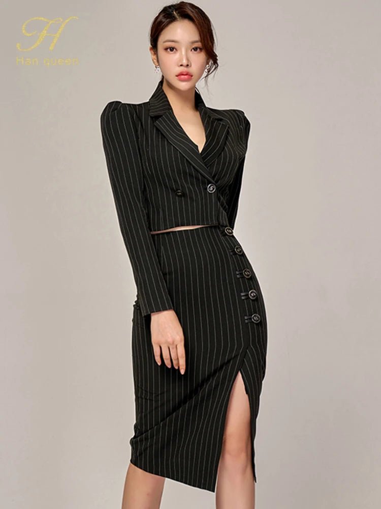 Korean Office Set – Chic Striped Blazer & Skirt - LunaKit.LTD