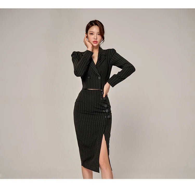 Korean Office Set – Chic Striped Blazer & Skirt - LunaKit.LTD