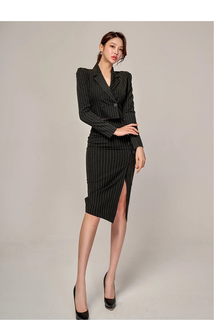 Korean Office Set – Chic Striped Blazer & Skirt - LunaKit.LTD
