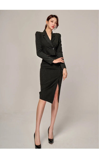Korean Office Set – Chic Striped Blazer & Skirt - LunaKit.LTD