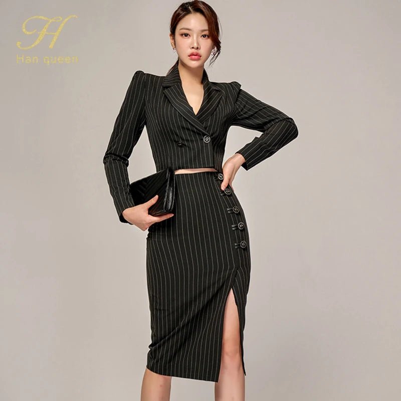 Korean Office Set – Chic Striped Blazer & Skirt - LunaKit.LTD