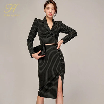 Korean Office Set – Chic Striped Blazer & Skirt - LunaKit.LTD