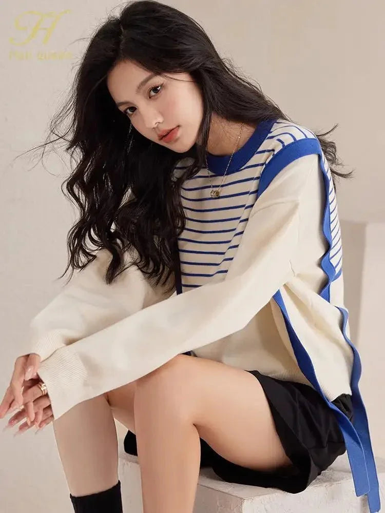 Korean Vintage Sweater – Chic Stitching & Cozy Knit - LunaKit.LTD