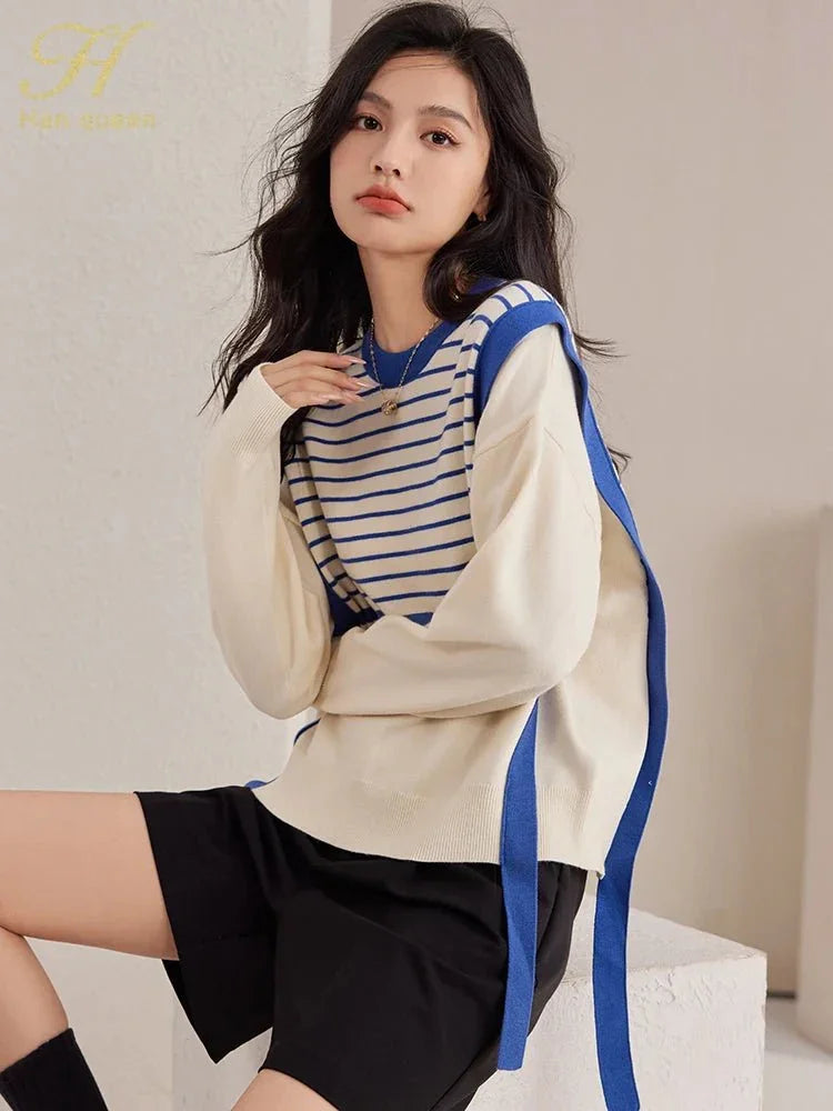 Korean Vintage Sweater – Chic Stitching & Cozy Knit - LunaKit.LTD