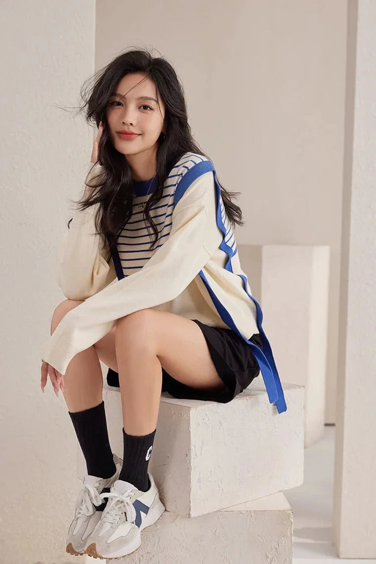 Korean Vintage Sweater – Chic Stitching & Cozy Knit - LunaKit.LTD