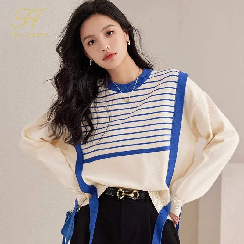 Korean Vintage Sweater – Chic Stitching & Cozy Knit - LunaKit.LTD