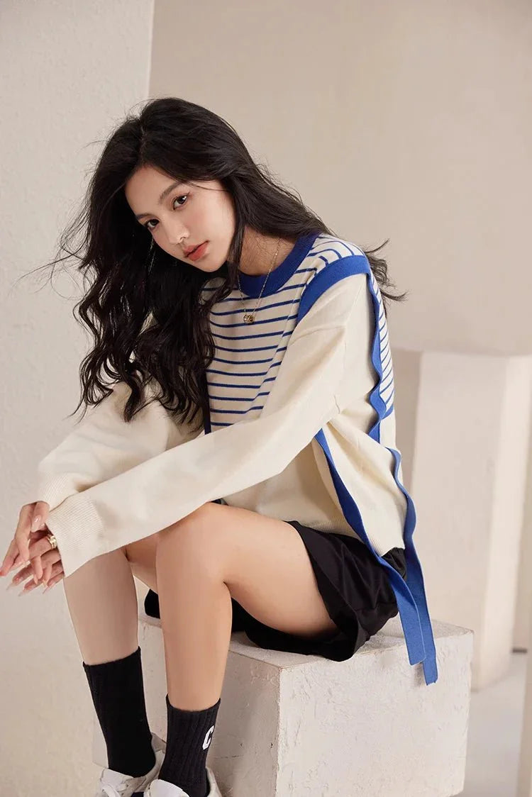 Korean Vintage Sweater – Chic Stitching & Cozy Knit - LunaKit.LTD