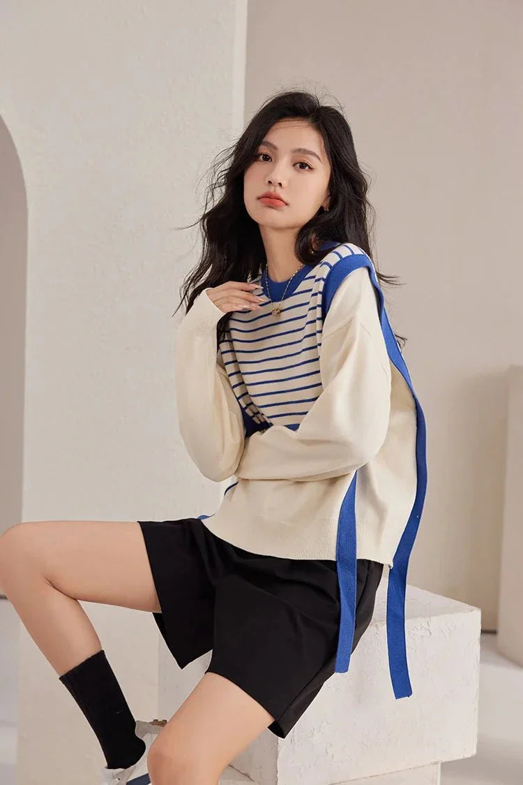 Korean Vintage Sweater – Chic Stitching & Cozy Knit - LunaKit.LTD