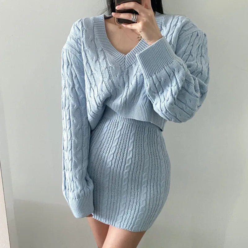 Linen - Pattern Knit Dress – Elegant High - Waist Two - Piece - LunaKit.LTD