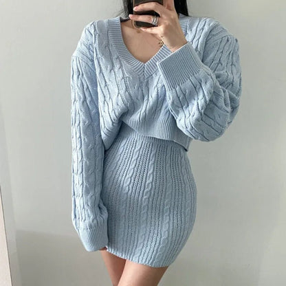 Linen - Pattern Knit Dress – Elegant High - Waist Two - Piece - LunaKit.LTD