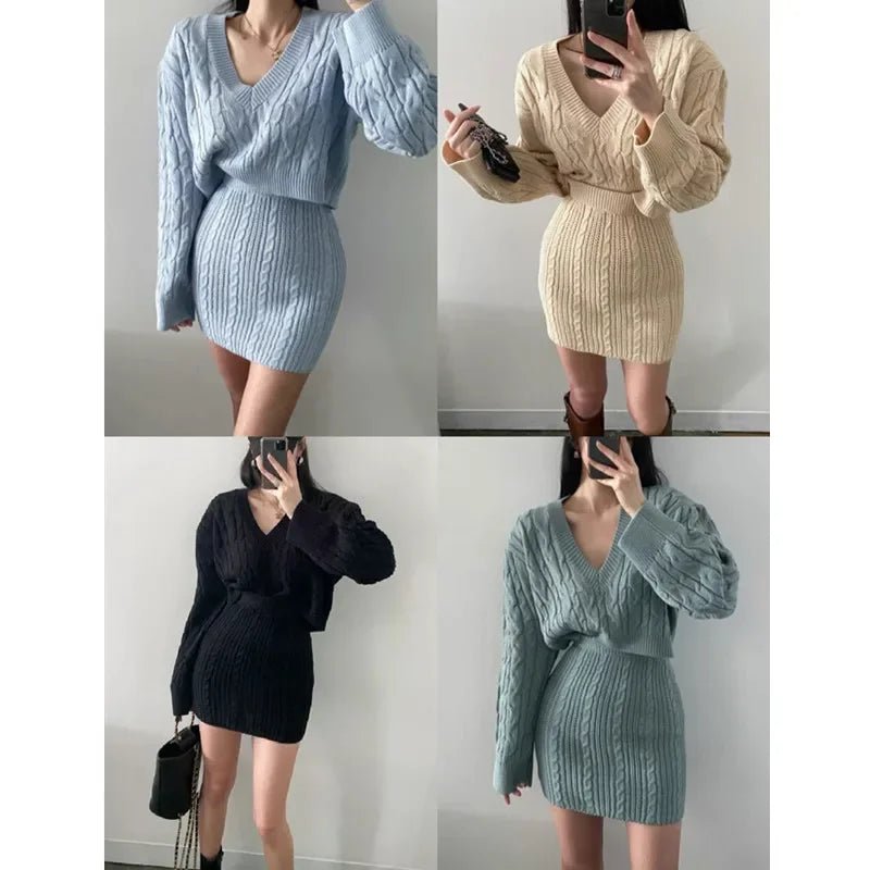 Linen - Pattern Knit Dress – Elegant High - Waist Two - Piece - LunaKit.LTD