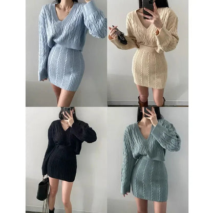 Linen - Pattern Knit Dress – Elegant High - Waist Two - Piece - LunaKit.LTD